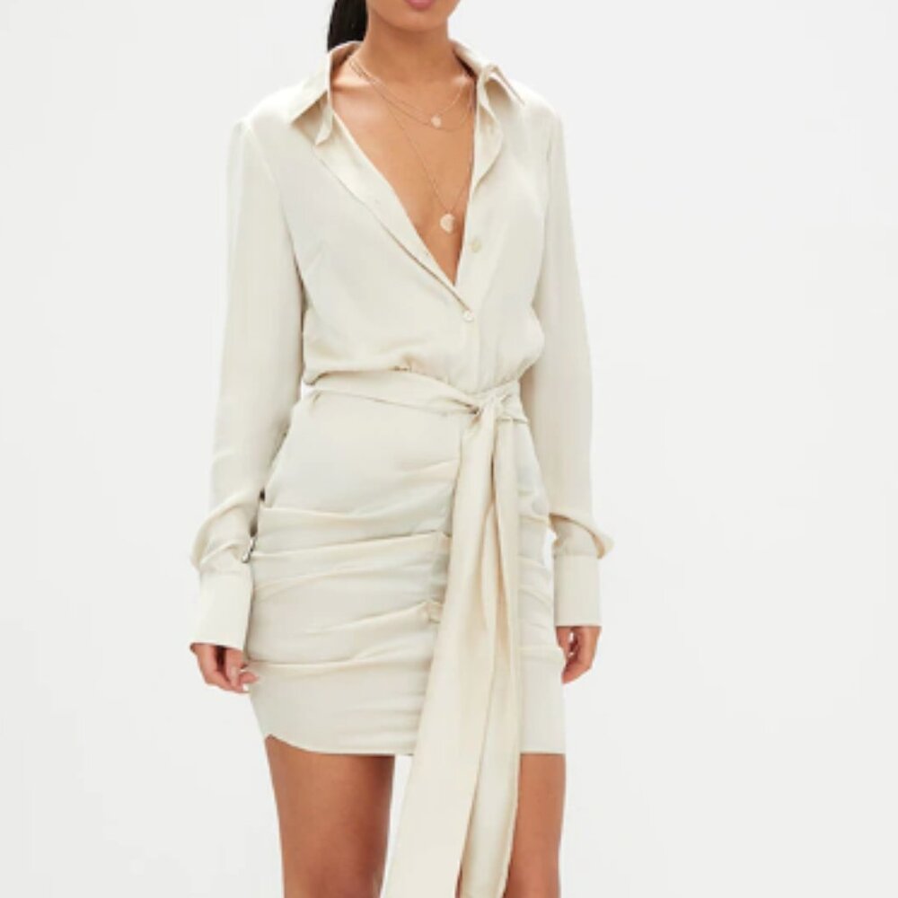 Champagne Satin Ruched Shirt Dress